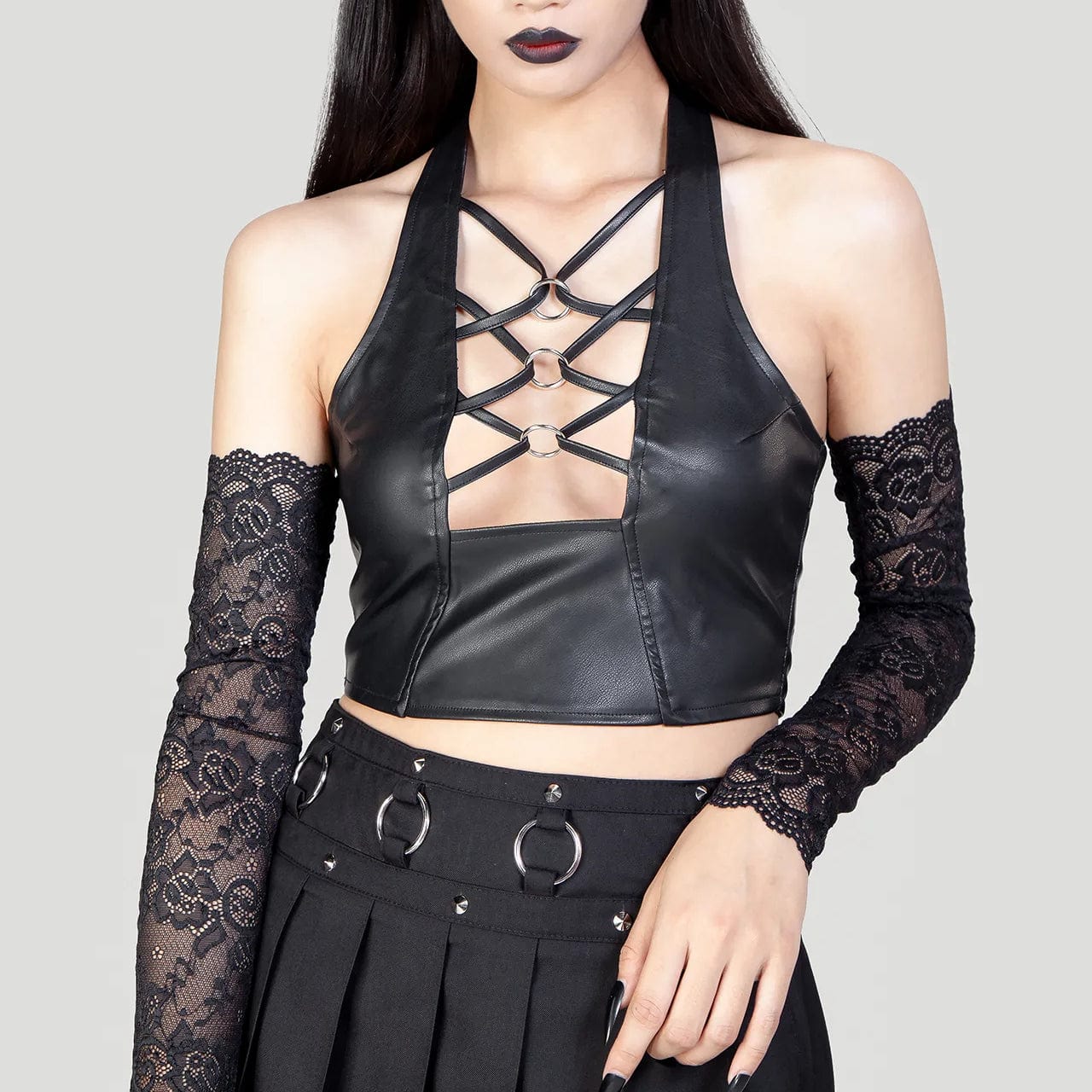 Women's Punk Plunging Halterneck Faux Leather Bustier