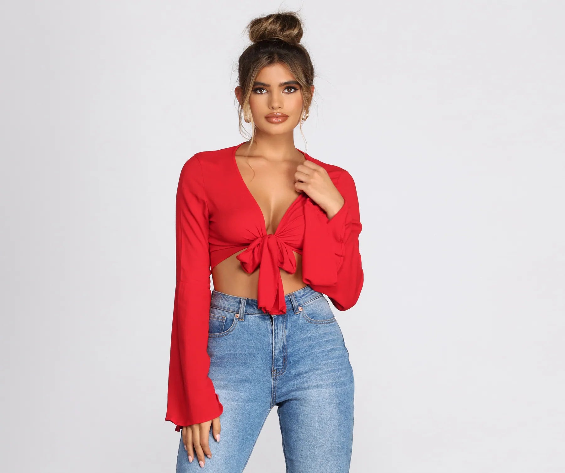 Woven Bell Sleeve Tie Front Top