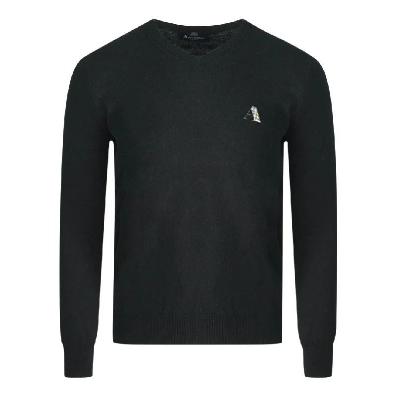 Aquascutum Check A Logo Black V Neck Jumper