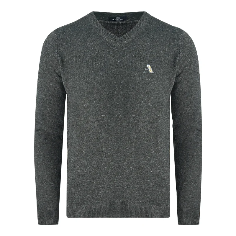 Aquascutum Navy Blue Check A Logo V-Neck Jumper