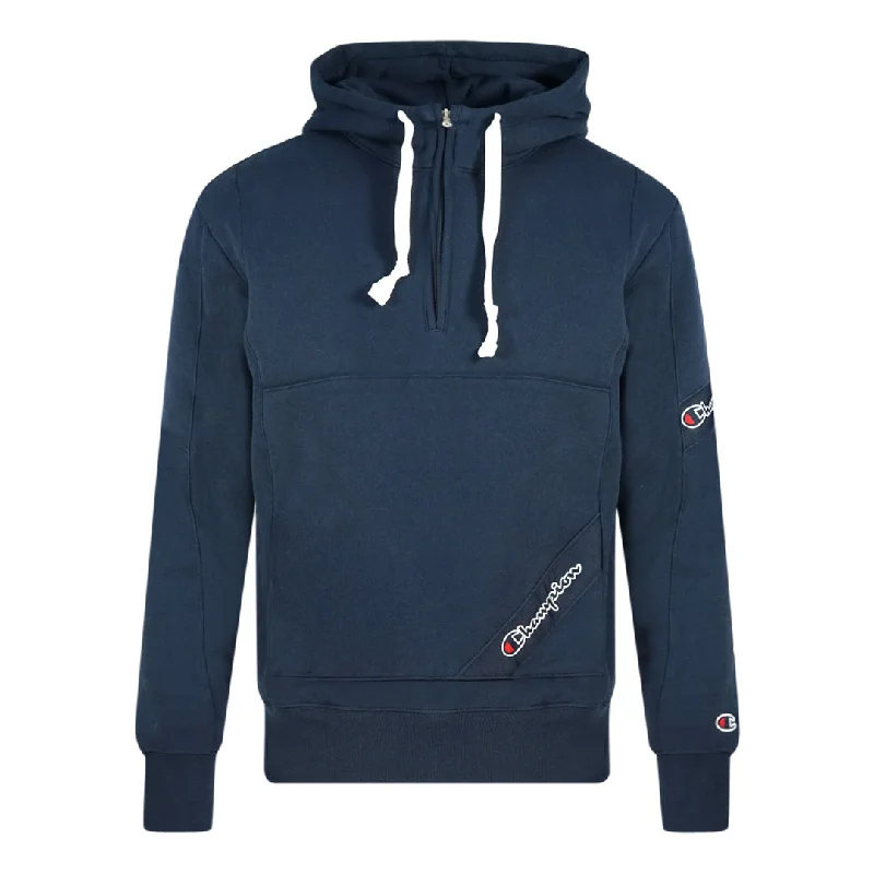 Champion Half Zip Asymmetric Pocket Logo Navy Blue Hoodie