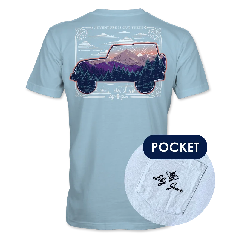 Mountain Scene Jeep- Forest Sunrise T-Shirt