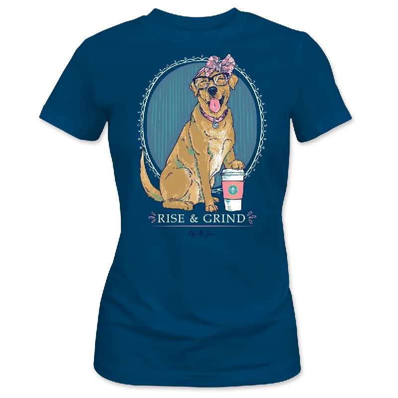 Rise & Grind- Golden Retriever and Coffee FRONT PRINT T-Shirt