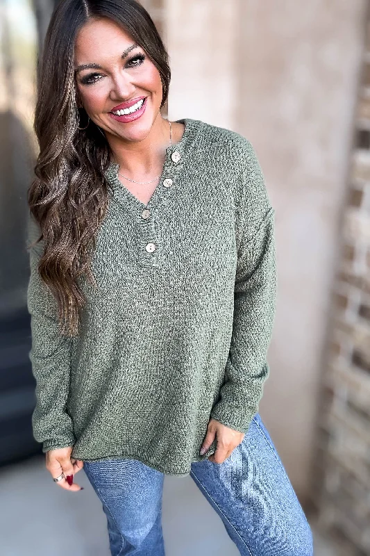 Button Light Olive Henley Neckline Basic Sweater