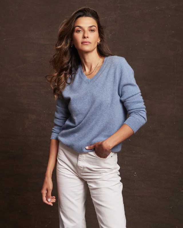 Women's Cashmere Long Sleeve Solid Vee In Chambray Heather