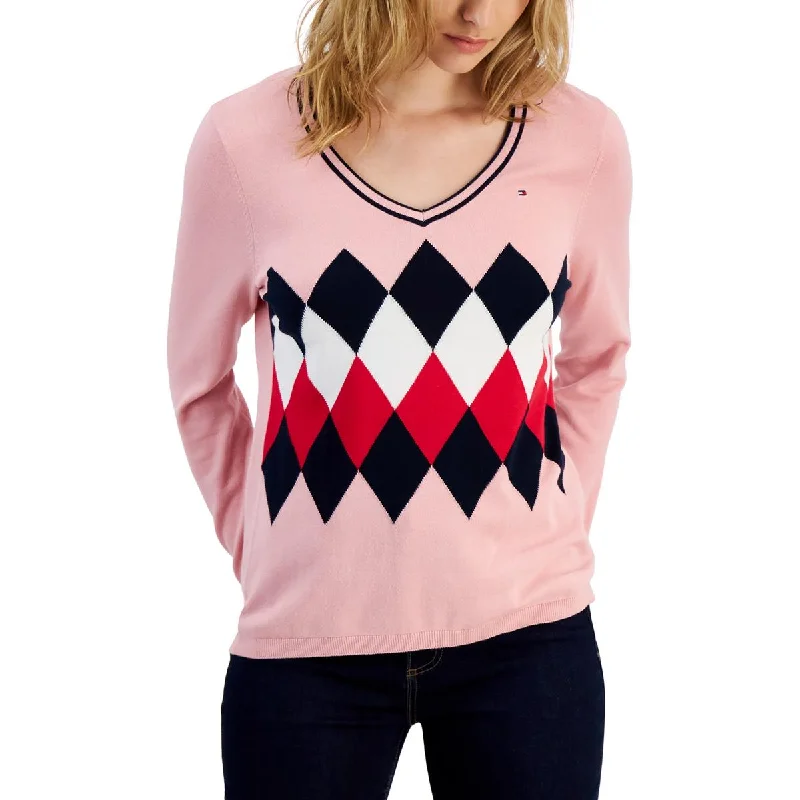 Womens Cotton Argyle V-Neck Sweater