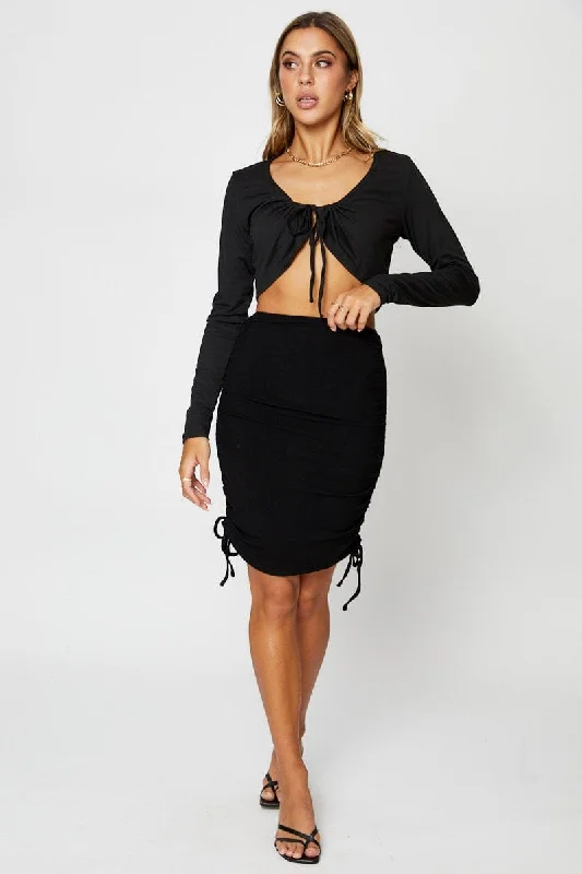 Brown High Waist Side Ruched Bodycon Skirt