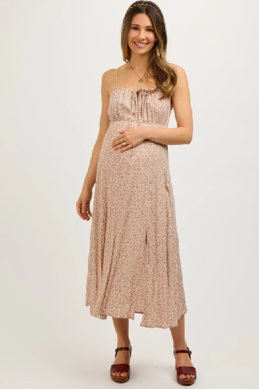 Beige Ditsy Floral Side Slit Maternity Midi Dress