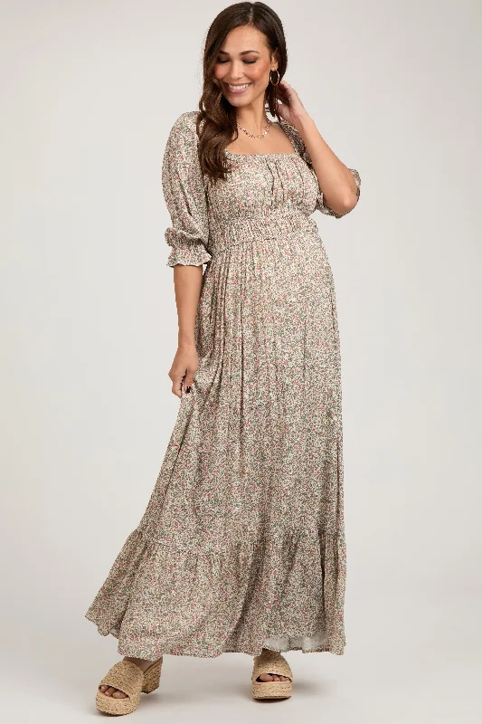 Beige Floral Criss Cross Back Maternity Maxi Dress