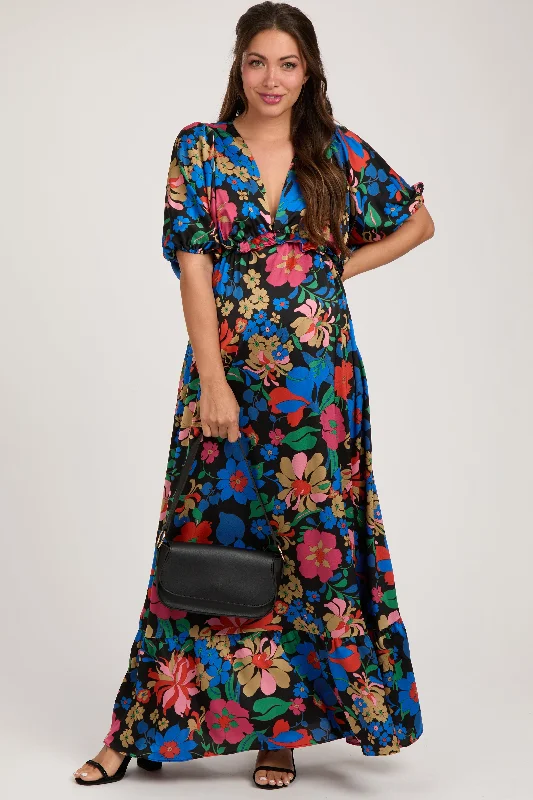 Black Floral Satin Deep V-Neck Puff Sleeve Maternity Maxi Dress