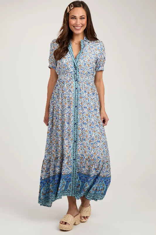 Blue Floral Button Up Maternity Midi Dress