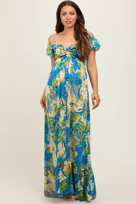 Blue Floral Smocked Off Shoulder Maternity Maxi Dress