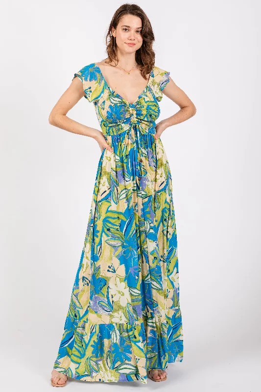 Blue Floral Smocked Off Shoulder Maxi Dress