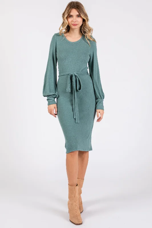 Green Soft Brushed Waist Tie Bubble Sleeve Dress