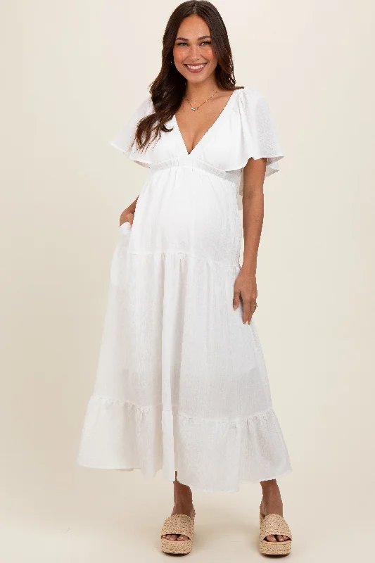 Ivory Deep V-Neck Flutter Sleeve Tiered Maternity Midi Dress