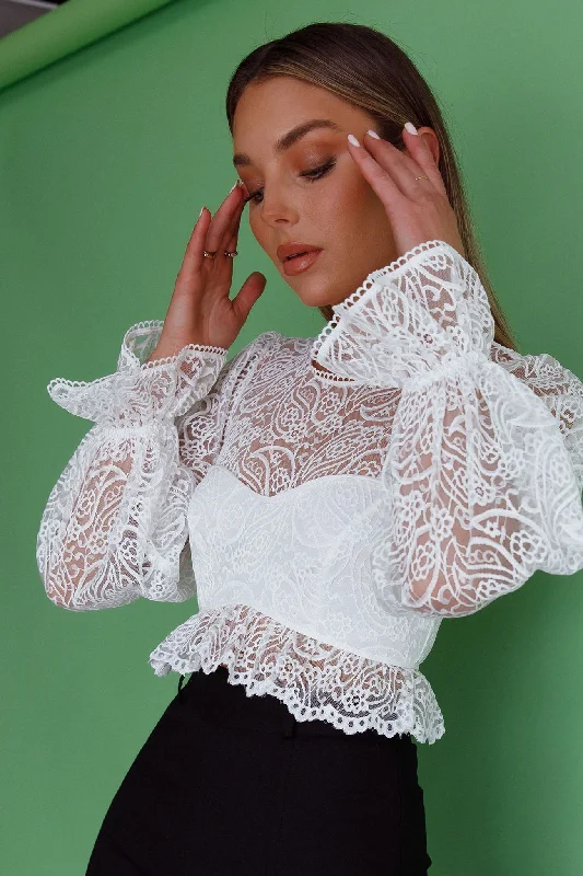 Jamie Long Balloon Sleeve Lace Crop Top White