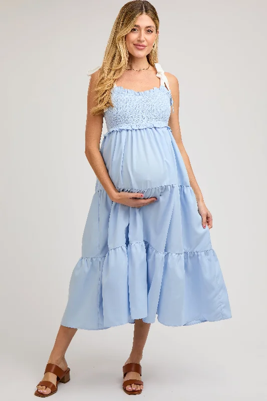 Light Blue Sleeveless Tiered Colorblock Strap Maternity Maxi Dress