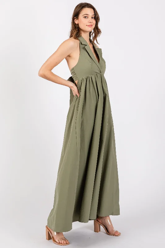 Light Olive Collared Halter Back Tie Maxi Dress