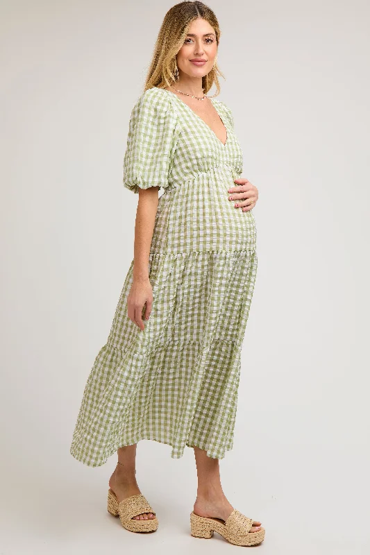 Light Olive Gingham Puff Sleeve Maternity Tiered Midi Dress