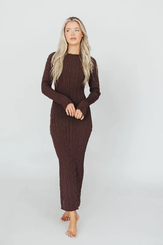 Allie Long Sleeve Ribbed Maxi Dress in Brown