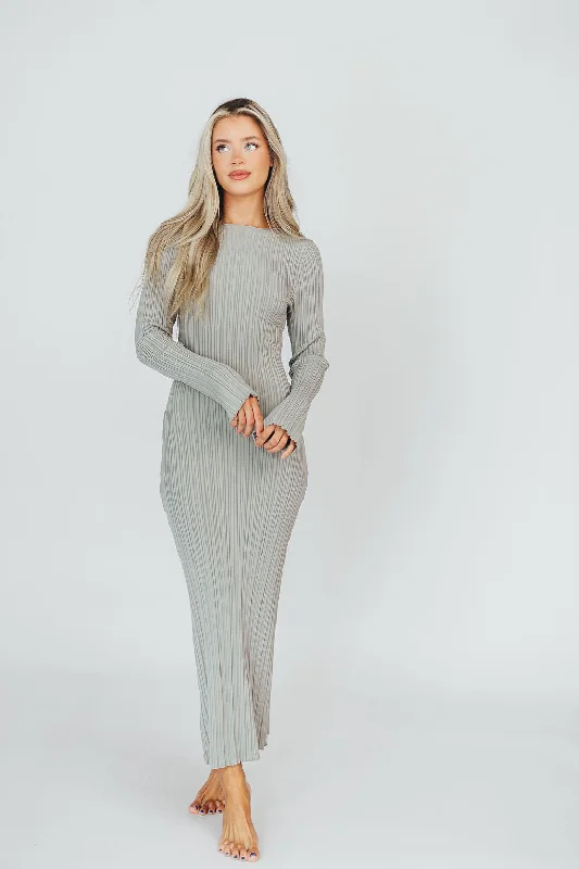 Allie Long Sleeve Ribbed Maxi Dress in Mint Sky Grey