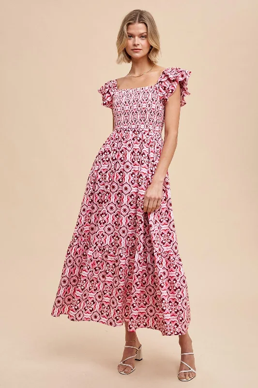 Magenta Floral Flutter Cap Sleeve Maxi Dress