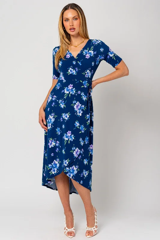 Navy Floral Short Sleeve Wrap Dress