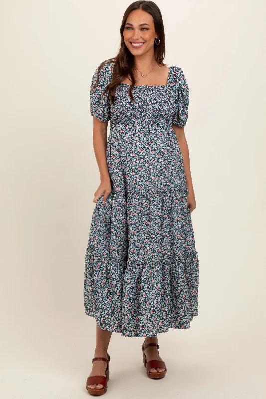 Navy Floral Smocked Tiered Puff Sleeve Maternity Maxi Dress