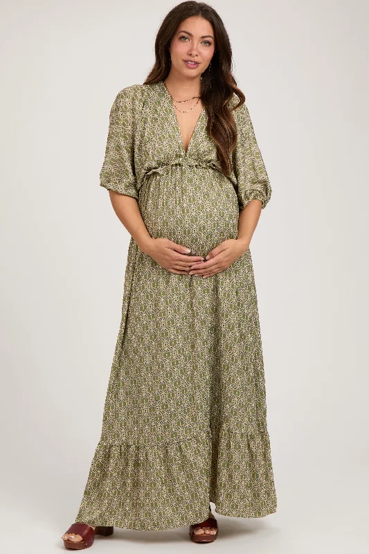 Olive Deep V-Neck Short Puff Sleeve Ruffle Maternity Maxi Dress