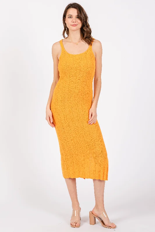 Orange Rib Knit Side Slit Maxi Dress