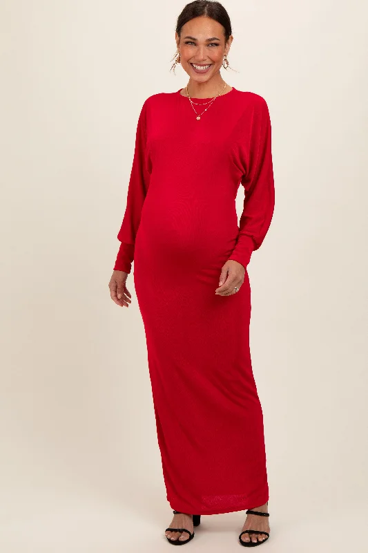 Red Long Sleeve Open Back Maternity Maxi Dress