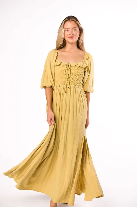 Devon Smocked Maxi Dress in Dusty Lime - Bump Friendly