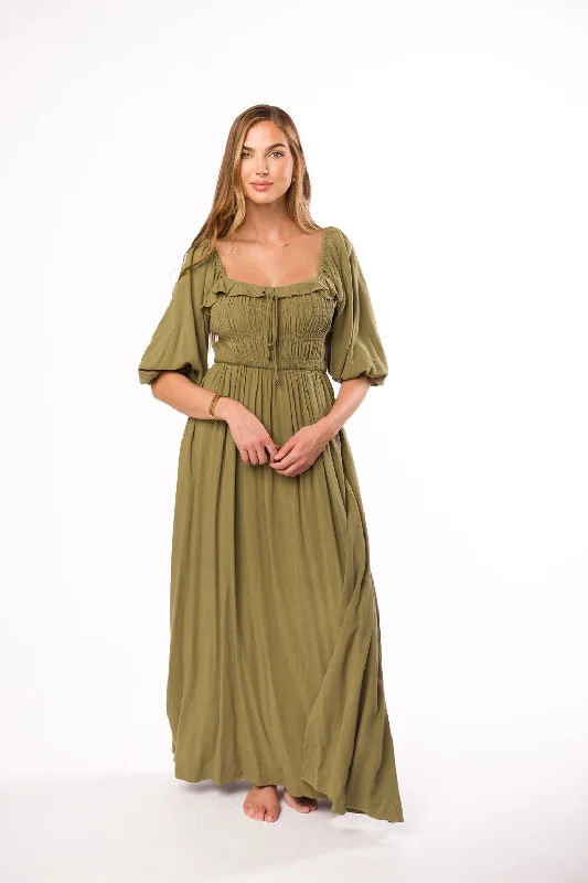 Devon Smocked Maxi Dress in Light Olive - Bump Friendly