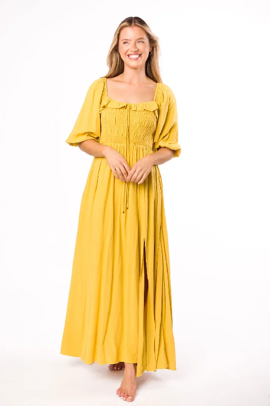 Devon Smocked Maxi Dress in Mustard - Bump Friendly