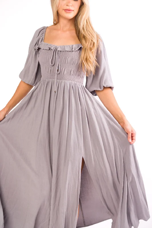 Devon Smocked Maxi Dress in Slate Grey - Bump Friendly