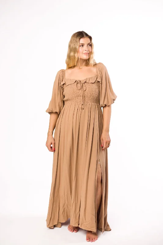 Devon Smocked Maxi Dress in Taupe - Bump Friendly