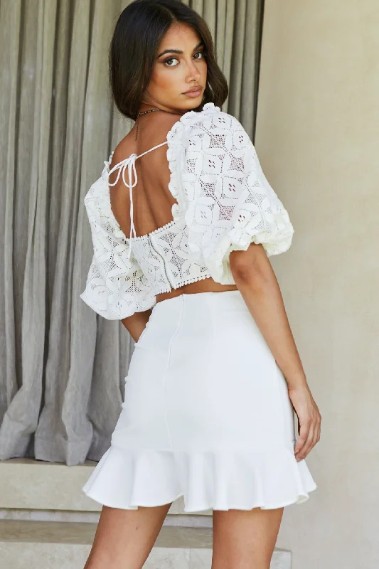 Talk About Me Puff Half Sleeve Circle Trim Crop Top White