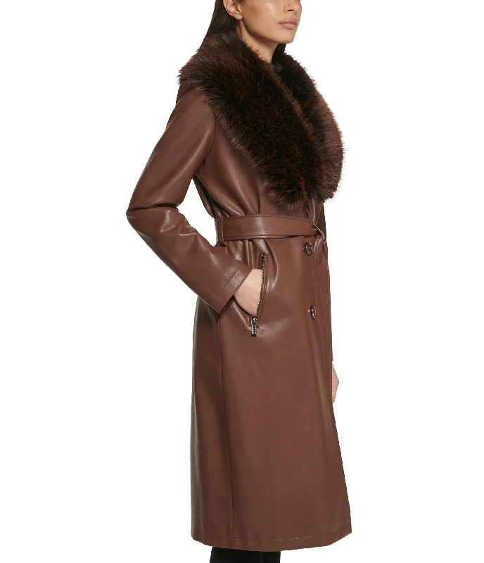 Belted Faux Leather Trench With faux fur shawl Collar